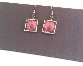 Pink Zinnia Flower Earrings, Dangle Earrings; Simple Elegance; Gift Wrapping Available