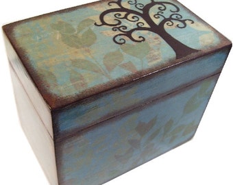 Recipe Box Decoupaged Tree Box Large, Handcrafted Kitchen Storage, Organization Holds 4x6 Recipe Cards MADE TO ORDER