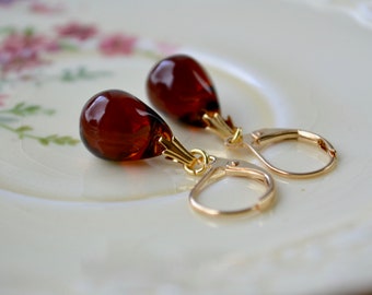 Brown Bead Earrings, Glass Drop Earrings, Teardrop Earrings, Gold Leverback Earrings, Brown Earrings, Small Drop Earrings, UK, Mothers Day