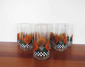 Crisa Sunflower Checkerboard Set of 8 Drinking Glasses