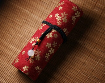 Hand-made Cotton Pen Pouch with white agate-Golden Sakura- Red
