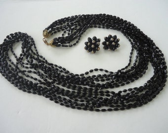 Black Long Strand Beaded Necklace with Earrings