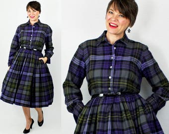 1950s Dress / 50s Dress / Anne Fogarty Dress / Designer Dress / Plaid Dress / Day Dress / Wool Dress / Purple / Bust up to 40" Waist 27"