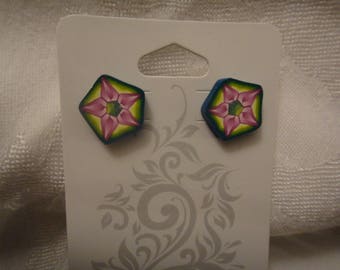 Terrific Hexagonal Polymer Clay Stud Post Pierced Earrings Teal Edged With Star Flower (1654)