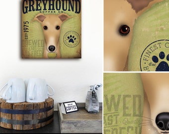Greyhound dog coffee company advertising style artwork on gallery wrapped canvas by stephen fowler
