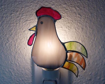 Stained Glass Night Light, Gray Rooster, Bird Farm Animal, Bedroom Bathroom Kitchen Decor, Handmade Birthday Gift For Him Her Man Woman