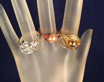 BOGO Gold Ring, Silver Ring, Copper Ring, Wire Wrapped Rings with Round Stones, Ring Size 8.25, One of a Kind, Previously 45 Dollars ON SALE