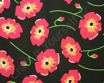 Poppy floral 100% cotton fabric 44 inch / 110cm black