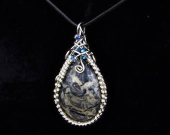 Sterling Silver Grey Stone Wire Wrapped Pendant Necklace