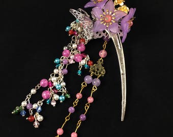 Purple Floral Hair Pin with Dangling Stars and Beads
