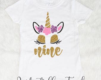Nine Unicorn Birthday Shirt, Birthday Girl Shirt, 9 Birthday Shirt Nine Shirt Birthday Girl 9th Birthday shirt Glitter Birthday Girl Outfit