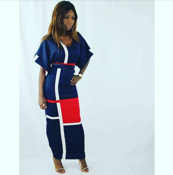Lena Colour Block Navy Full Length Dress