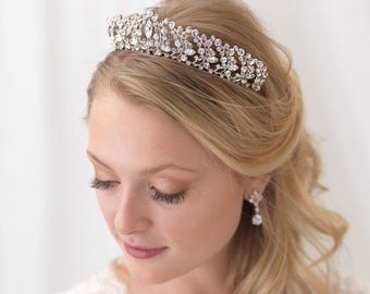 Rhinestone Bridal Crown, Jeweled Wedding Tiara, Rhinestone Bridal Tiara, Floral Bridal Crown, Floral Headpiece, Bridal Headpiece ~TI-3308