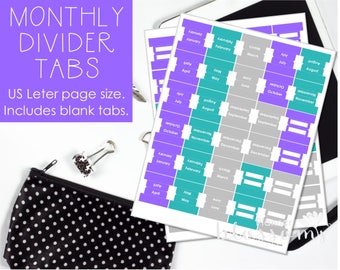 Monthly Divider tabs, printable. Blank divider tabs included. US Letter (8.5"x11") Size. Instant download. PDF files. Purple, teal and gray.