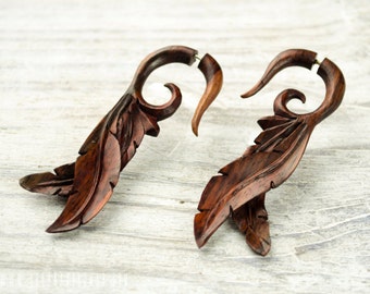 Fake Gauge Earrings Leaves Wooden Tribal Earrings - Gauges Plugs Bone Horn - FG087 W G1