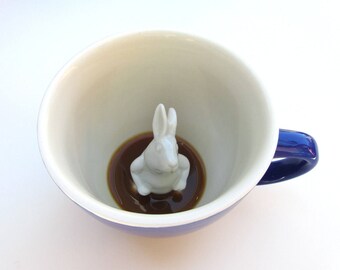 Rabbit Mug by CREATURE CUPS | Hidden Animal Inside | Handmade Blue Ceramic Cup | Holiday / Birthday Gift for Coffee & Tea Lovers