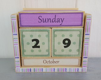 Calendar, wood block perpetual calendar, wood decoupage, desk top calendar