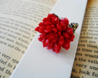 40% OFF SALE! Red Flower with Antiqued Brass Filigree Ring