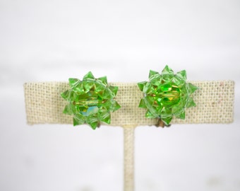 Green Beaded Flower Clip On Earrings