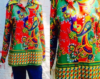 70's GEOMETRIC ! RETRO ! FUNKY ! Groovy,Bright ,Hippie, Wild,Big Collar,Button Down Blouse