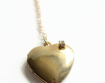 Vintage Heart Locket Necklace with Rhinestone, Gold Filled Necklace, Circa 1950's