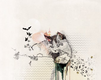 Cat Art Print, Pen and ink Art, Cat illustration, Collage Art Print, Whimsical Cat Drawing, Cat painting