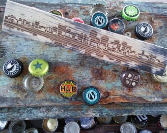 City skyline handmade bottle opener. Custom engraved skyline choose Boston, London, Seattle, Chicago, New York, Atlanta, wine/whiskey stave