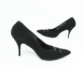 Vintage 50s Stilettos Black Nubuck Suede Leather Pumps Needle Heels 1950s Shoes Size 8 Pinup Rockabilly Madamoiselle