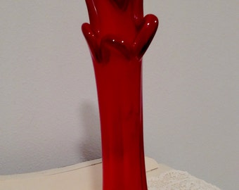 Red Mid Century, Swung Glass Vase, Red Pulled Finger Glass Vase, Retro/vintage
