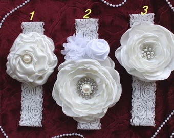 White Satin Baptism Headband, Baby Christening Headband, Flower Girl Headband, Couture Headband, White Baby Headband, Baby Baptism Headband