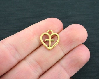 12 Heart Charms Antique Gold Tone Cross in Heart Charms - GC451