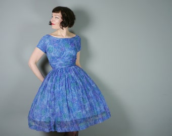 50s BLUE dress by Algo - light CHIFFON with full skirt and nipped waist - Mid Century party SUMMER gown - xs