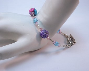 Handmade Purple, Pink and Blue Millefiori Floral Bracelet, Handmade Polymer Clay