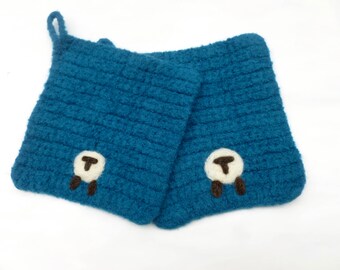 Pot holders felted wool pot holders sheep design set of two