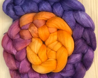 Gradient dyed 18 micron merino/silk roving in Sun Set