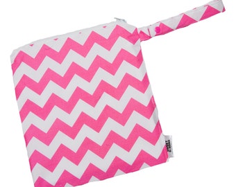 Chevron Pink and White - 12x12 Sweet Bobbins Wet Bag - SEAM SEALED - Snap Strap with Embroidery in turquoise
