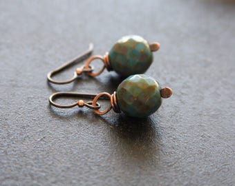 Copper Blue Czech Glass Earrings, Earthy Blue Dangle Earrings