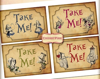 Alice in Wonderland decoration, Take Me Party Tags, party printables, Digital decorations with Mad Hatter, White Rabbit and Queen of Hearts