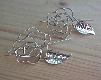 Dangle drop rose and leaf earrings, hand forged earrings, hand forged jewelry, artisan jewelry, gift for her
