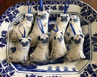 handmade blue Pug ornaments made to order
