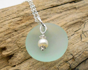 Beach Glass Necklace, Seafoam Green Beach Glass and Pearl Necklace - Beach Glass, Sea Glass, Beach Wedding, Beach Glass, Bridesmaids