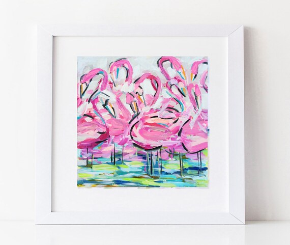 Abstract print Flamingo art abstract beach art square print