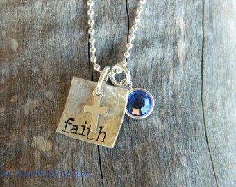 Tiny Hand Stamped Sterling Silver Nacklace's with Cross and Swarovski Birthstone