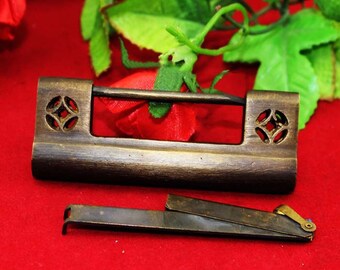 Retro Chinese Lock - Aged Chinese Copper Rosewood Furniture Plug Key Padlock - Internal Spur 2.2”(56mm) – v76