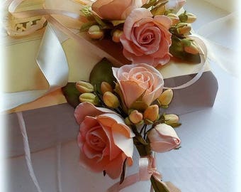Wedding Peach Flower Set Wedding Accessory Flower Bridesmaid Corsage Boutonniere Boho Wedding forest Bridal Flowers