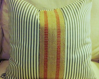 Ticking Pillow Covers with Jute Webbing Trim, Decorative Pillow, Various Sizes, Black or Blue and Off-White