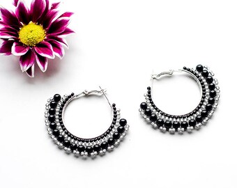 Gemstone Earrings Circle Earrings Bohemian Earrings Black Hoop Earrings Silver Earrings Black Agate Earrings Handmade Beaded Earrings