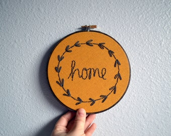 Home Wreath, Embroidery Hoop Art, Wall Hanging, Greenery and Vines, Handmade Hand Embroidered, Housewarming, Mustard Decor,