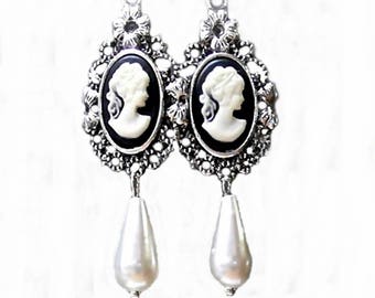 Earrings, Black and White Cameo Silver with pearl teardrop, choose clip on or pierced fittings