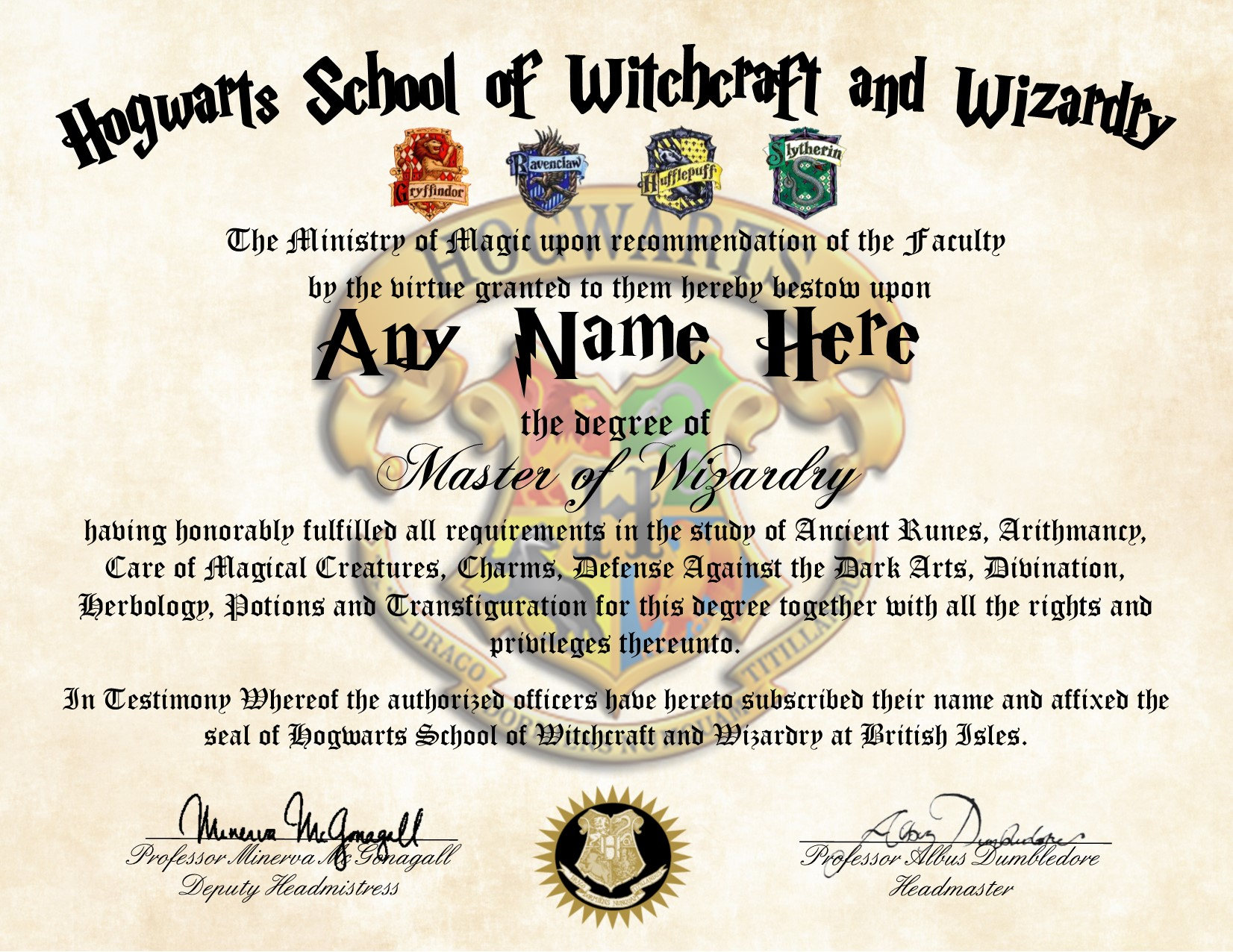 Personalized Harry Potter Diploma Hogwarts School of